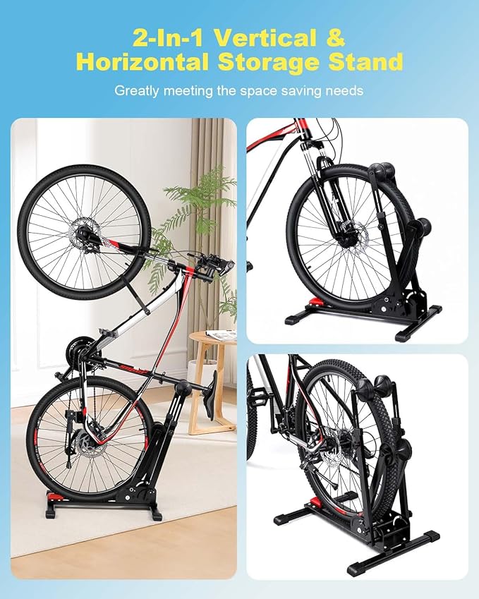 WSDCAM Bike Stand, 2-in-1 Vertical & Horizontal Storage Rack Adjustable, Foldable Bicycle Floor Stand for Garage Indoor Outdoor Small Spaces, Bike Rack Fits 16-29" Road/Mountain Bikes, Repair Stand