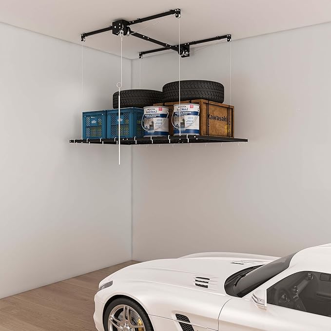 4x4 Garage Ceiling Storage Racks With Crank Lift, Garage Overhead Storage Racks For High Ceilings 10–12 Ft, 250 Lbs Load Capacity, All-Steel Frame, Garage Organization System (8 x 4)