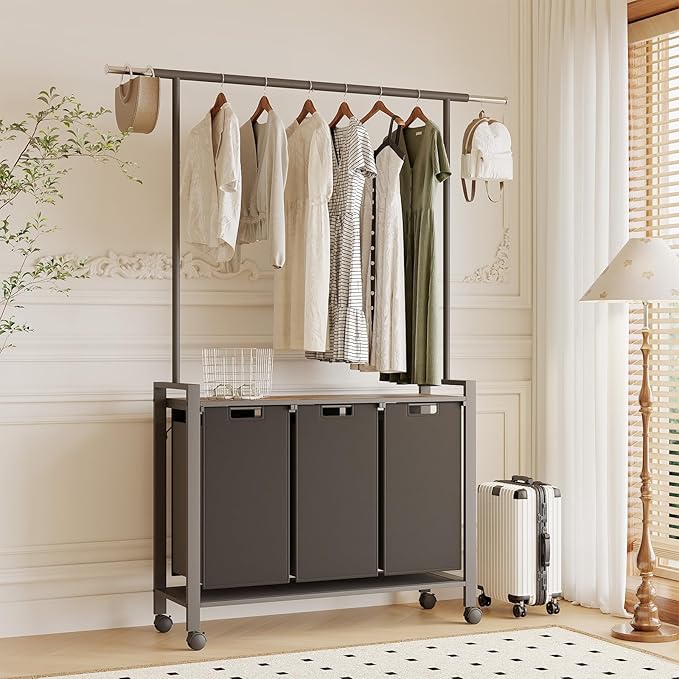 Laundry Sorter Cart with Extendable Hanging Rod, Compact 3 Section Laundry Hamper On Wheels for Apartments, Rolling Laundry Organizer, Dirty Cloth Hamper for Bathroom Laundry
