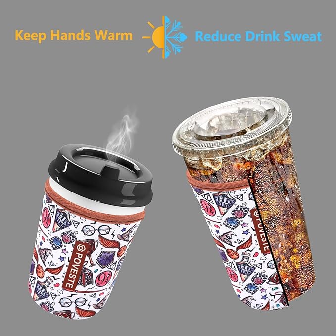 Reusable Neoprene Insulator Sleeve for Iced Coffee & Cold Soda, Coffee Sleeves for Iced & Hot Drinks, Cold Beverage Cooler Compatible with Starbucks, Dunkin (Quidditch Game, Small: 16-18oz)