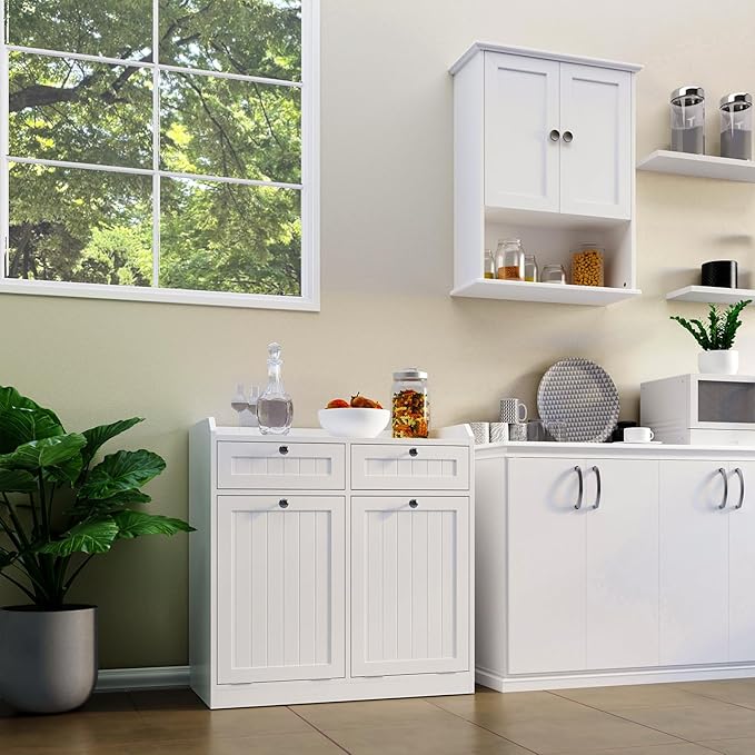 Double Tilt Out Trash Can Cabinet, Dog-Resistant, Fits 13.8"H Bins (Max 11.8"x11.8" Base), Includes Removable Fabric Hamper, Easy Assembly, White for Kitchen & Laundry