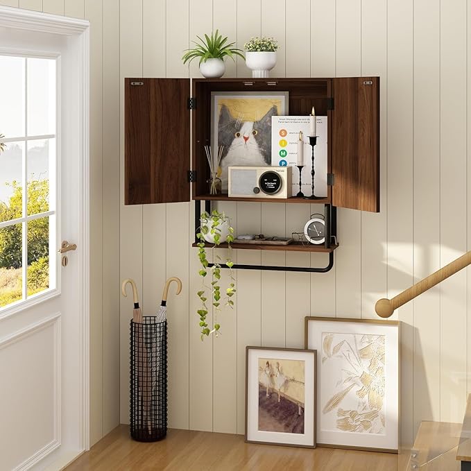 RUSTOWN Fluted Bathroom Wall Cabinet with 2 Doors, 3-Tier Modern Farmhouse Medicine Cabinet, Over The Toilet Storage Cabinet with Adjustable Shelf and Towel Bar (Dark Walnut, Medium)