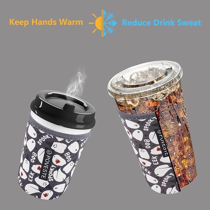 Reusable Neoprene Insulator Sleeve for Iced Coffee & Cold Soda, Coffee Sleeves for Iced & Hot Drinks, Cold Beverage Cooler Compatible with Starbucks, Dunkin (Halloween Boo, Small: 16-18oz)