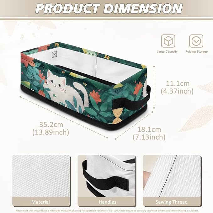 Small Bathroom Storage Basket Narrow Storage Bins Fabric Organizer Rectangular Bedroom Essentials Storage Container for Home Office Organization, White Cat Flower Green Leaves