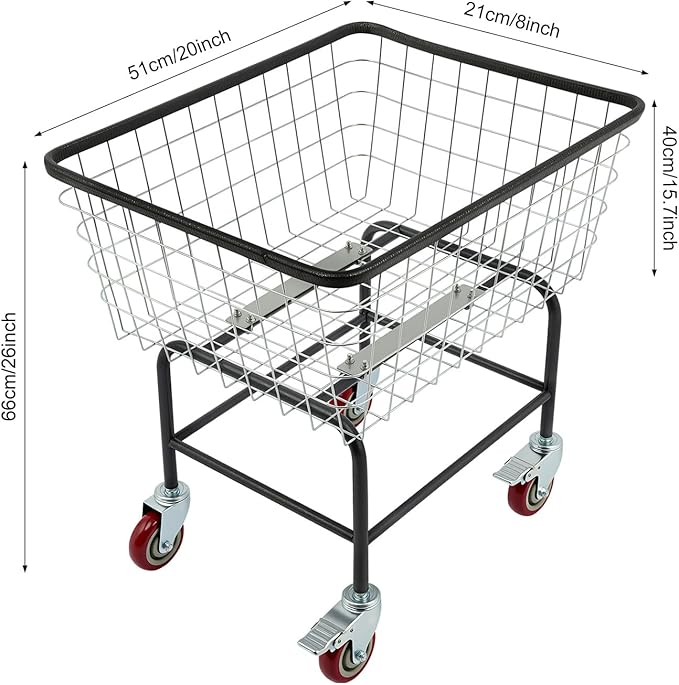 Heavy-Duty Wire Laundry Cart, 1.8 Bushel Rolling Laundry Basket with Wheels, Metal Commercial Wire Laundries Basket Cart for Clothes Storage and Organization (20 * 15.7 * 26in)