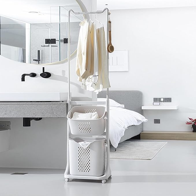 2-Tier Laundry Hamper Sorter with Hanging Bar, Rolling Laundry Baskets with Wheels Removable, Stackable Laundry Cart Organizer and Storage for Small Space Dorm Closet Bathroom