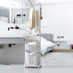 2-Tier Laundry Hamper Sorter with Hanging Bar, Rolling Laundry Baskets with Wheels Removable, Stackable Laundry Cart Organizer and Storage for Small Space Dorm Closet Bathroom