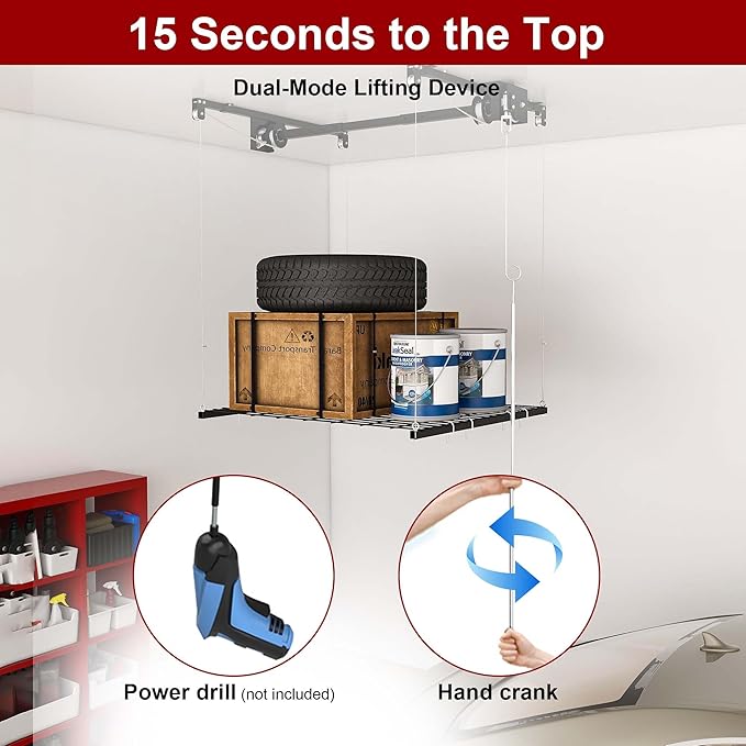 4x4 Garage Ceiling Storage Racks With Crank Lift, Garage Overhead Storage Racks For High Ceilings 10–12 Ft, 250 Lbs Load Capacity, All-Steel Frame, Garage Organization System (4 x 4)