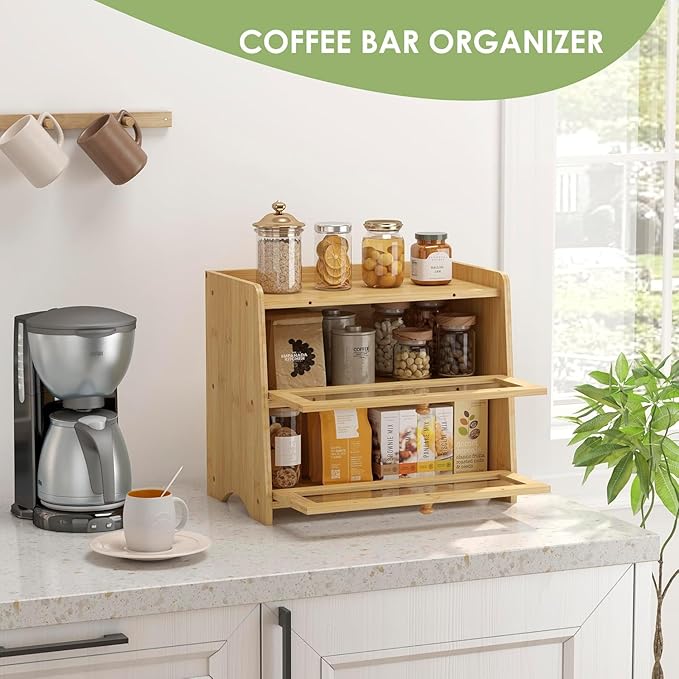 Large Bread Box for Kitchen Countertop, Double Layer Breadbox Bread Container Storage with Acrylic Door, Wooden Farmhouse Bread Holder (Bamboo, Large-16.54" L x 9.84" W x 14.96" H)