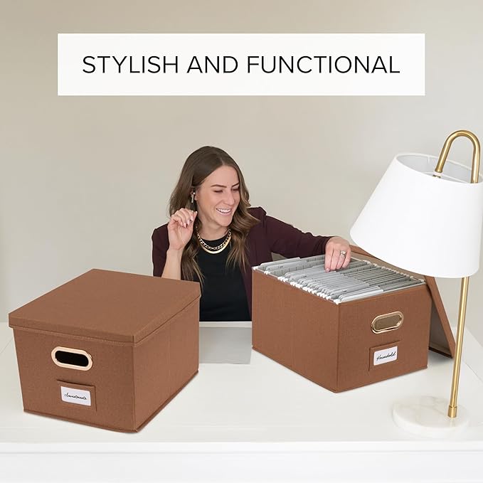 ZICOTO Decorative File Organizer Box Set of 2 - Collapsible Linen Filing Cabinets w/Handles Are Perfect to Store all Your Documents & Hanging File Folders - Portable Easy Slide Crates with Lid