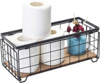 Metal Wire Storage Basket, Toilet Paper Roll Holder Wood Base Countertop Decor Box Toilet Tank Shelf Cabinet Organizer for Bathroom Pantry Garage Bedroom Livingroom - Black