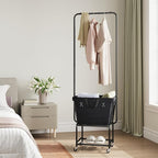 ELYKEN Laundry Cart with Hanging Rack, Rolling Laundry Hamper with Wheels, Laundry Basket with Removable Liner Bag and Shelf, Sturdy Metal Frame Dirty Clothes Basket for Hotel, Home, Closet, Dorm