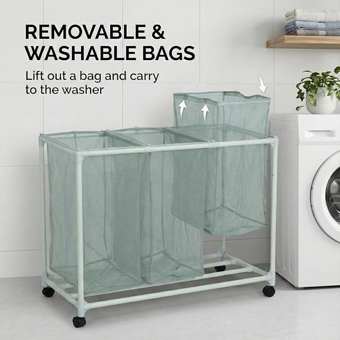 3-Bag Mesh Rolling Laundry Sorter Cart, Soft Silver, Removable Washable Bags, Easy-Roll Casters, Rust-Resistant PVC Tubing Frame w/ABS Corners, 29.5 x 19 x 30.5 in, for Dorm & Laundry Room