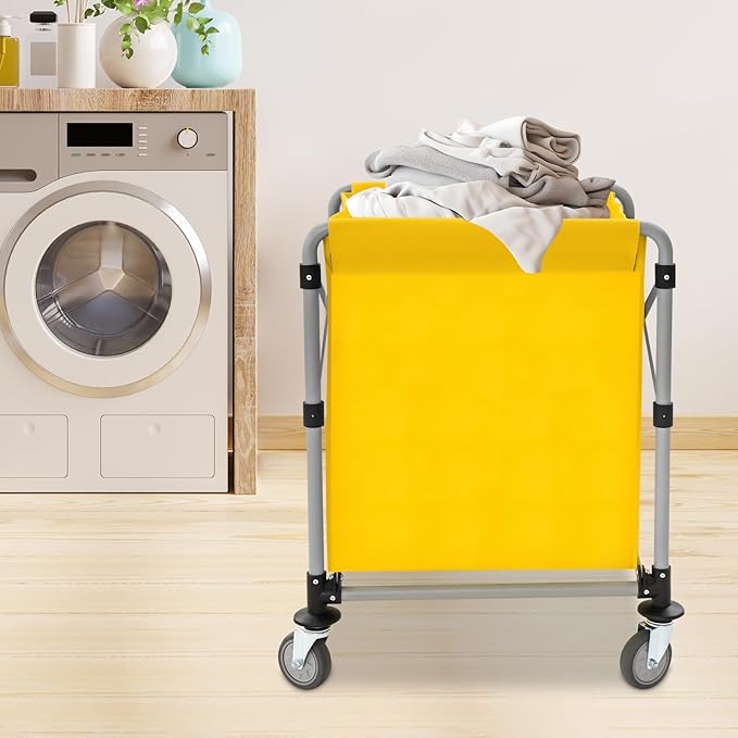 Commercial Laundry Cart with Wheels,Folding Laundry Hamper Cart,Heavy Duty Rolling Laundry Basket with Large Capacity,Laundry Sorter Trolley for Home Hotel Apartment (Yellow, 23.62 * 19.69 * 23.62in)