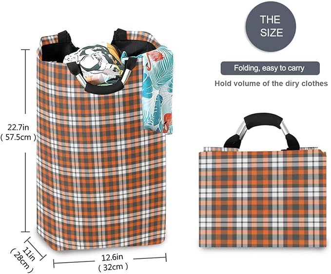 Orange Plaid Laundry Basket for College Dorm,50L Collapsible Portable Laundry Hamper Storage Basket for Toys Clothes Organizer