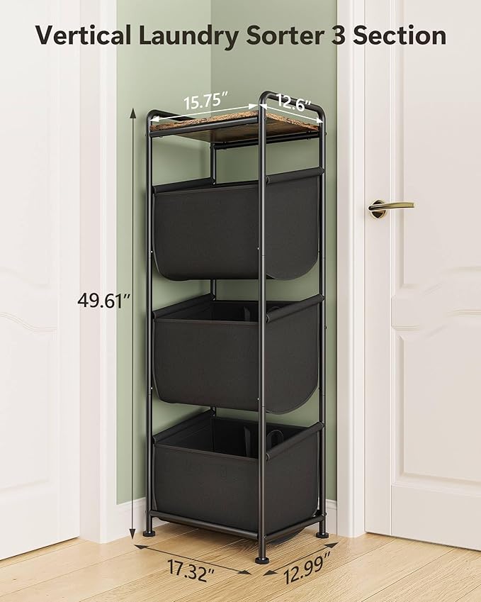 3 Section Laundry Sorter with Removable Bags, 120L Vertical Laundry Hamper with Shelf, Stackable Laundry Baskets organizer for Bathroom, Apartment, Dorm (Black, With Shelf)