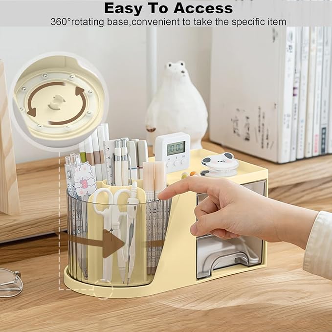 Marte Vanci 360° Rotating Desk Organizer with 2 Drawer, Desktop Rotating Pen Holder with 6 Slots, Small Makeup Organizer, Multifunctional Desk Accessories for Office, Home(Beige)
