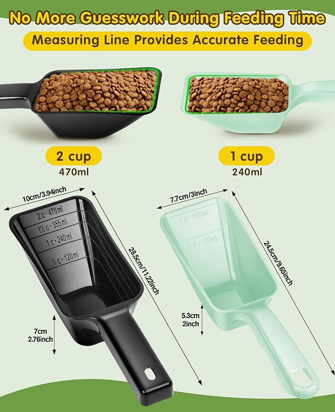 2 Pack Dog Food Scoop with 1 Cup and 2 Cup Capacity, Plastic Pet Food Measuring Scoops with Clear Measurement Lines for Dogs, Cats & More,Dishwasher safe (Green and Black)