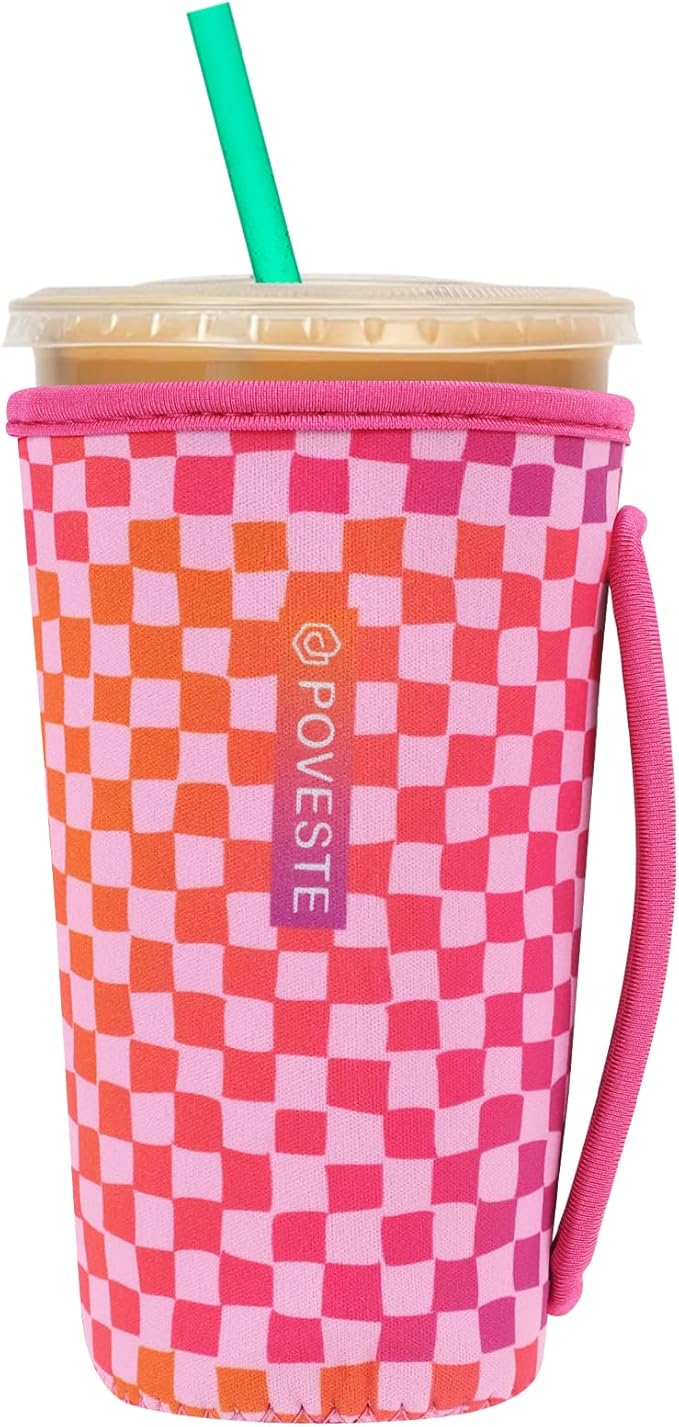 Reusable Neoprene Insulator Sleeve for Iced Coffee & Cold Soda, Coffee Sleeves for Iced & Hot Drinks, Cold Beverage Cooler Compatible with Starbucks, Dunkin (Gradient Cherckerboard, Large: 32oz)