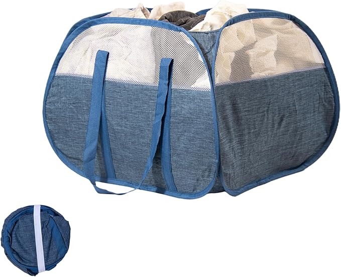 Collapsible Laundry Basket, 90L Foldable Pop-up Laundry Hamper with Reinforced Handles, Tear Proof Mesh Dirty Clothes Hamper for Laundry (Blue)