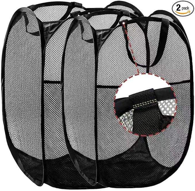 Pop Up Laundry Hamper Mesh Laundry Basket Collapsible Laundry Basket with Wide Opening Durable Hamper Bag for Clothes Storage (Black,2-PACK)