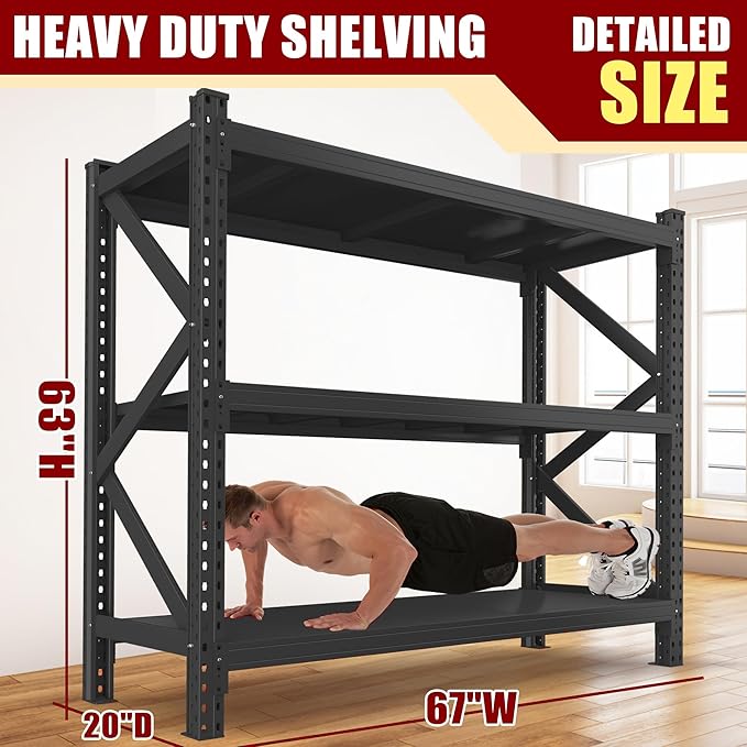 67" W Garage Shelving 4000BS Garage Shelving Heavy Duty Storage Shelves, 3 Tier Metal Shelves, Adjustable Industrial Shelf for Warehouse, Basement, Pantry 63.0" H x 67" W x 19.7" D
