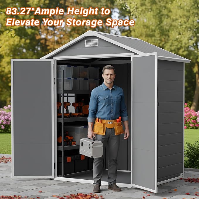 LARBANKE 6×4FT Waterproof Outdoor Storage Shed with Floor and Slop Roof,Garden Storage Tool Shed with Lockable Door&Window,Resin Shed with Ramp&Vent Suitable for Patio,Backyard,Garden,Lawn,Gray