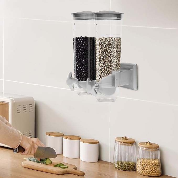 101oz Wall Mount Dry Goods Dispenser, Double-bucket Dry Cereal Dispenser Grain Dispenser Grid Grain Storage Bin Kitchen Storage Organizer, Dry Food Cereal Dispenser For Food Nuts Flour Maker (Silver)