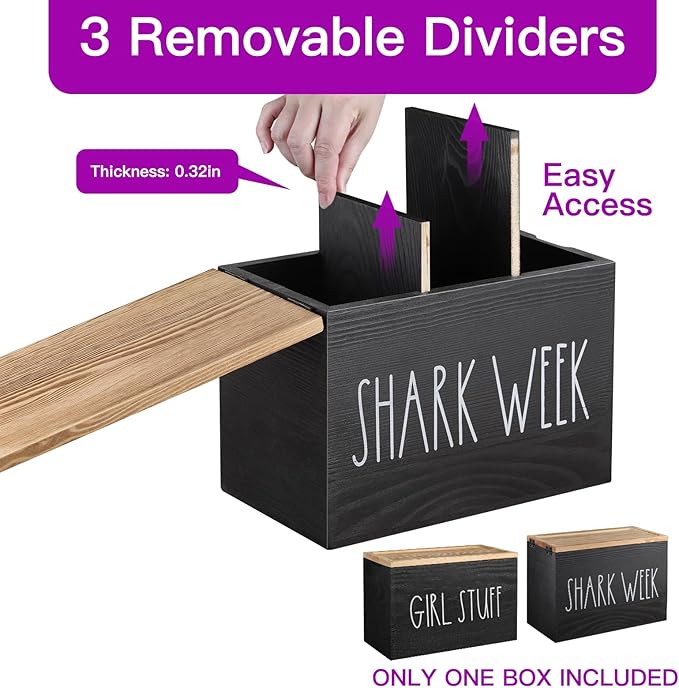 Tampons Holder for Bathroom, Pad and Tampon Organizer with Tray Lid, Wooden Feminine Product Shark Week Tampon Storage Organizer, Bathroom Accessories Small Storage Box - Black