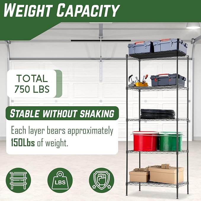 PayLessHere 5-Tier Adjustable Wire Shelf 12" W x 17" D x 48" H Max Load 750 lbs, Easy Assembly, Versatile Storage Solution, Durable and Stable for Home and Office,Black