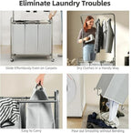 ROMOON Laundry Sorter Hamper with Hanging Bar, 3 Section Rolling Laundry Cart with Clothes Rack & Heavy-Duty Lockable Wheels, Divided Laundry Basket Organizer for Apartment & Small Spaces ((130L Grey)