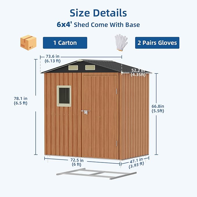 6x4 FT Outdoor Storage Shed, Garden Metal Shed with Floor Base & Window, Small Compact Tool Shed for Backyard, Patio & Lawn (6x4 FT & Base)
