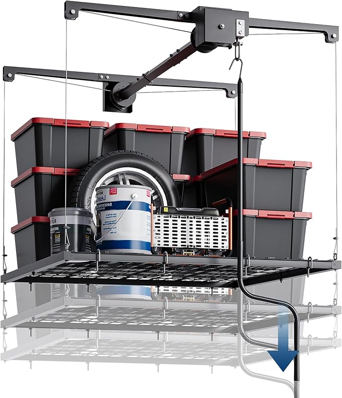GarveeHome Adjustable 4x4 ft Ceiling Storage Rack, Heavy Duty Overhead Garage Rack with 250 Lb Capacity and Auto Safety Lock, Ideal for Attic and Basement Organizing