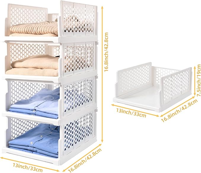 Pull-out Plastic Storage Basket,Stackable Closet Organizers Drawer Anti-Tipping, Reinforced Stable Shelf Container for Bathroom Laundry Room Storage, Space-Saving Clothes Storage (White, 4L)