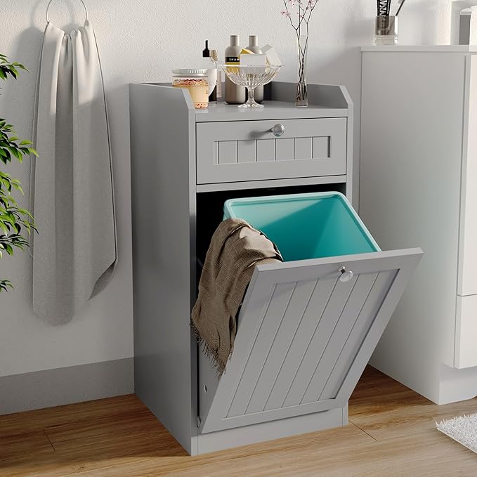 Single Tilt Out Trash Can Cabinet, Dog-Resistant, Fits 13.8"H Bins (Max 11.8"x11.8" Base), Easy Assembly, Grey for Kitchen & Laundry