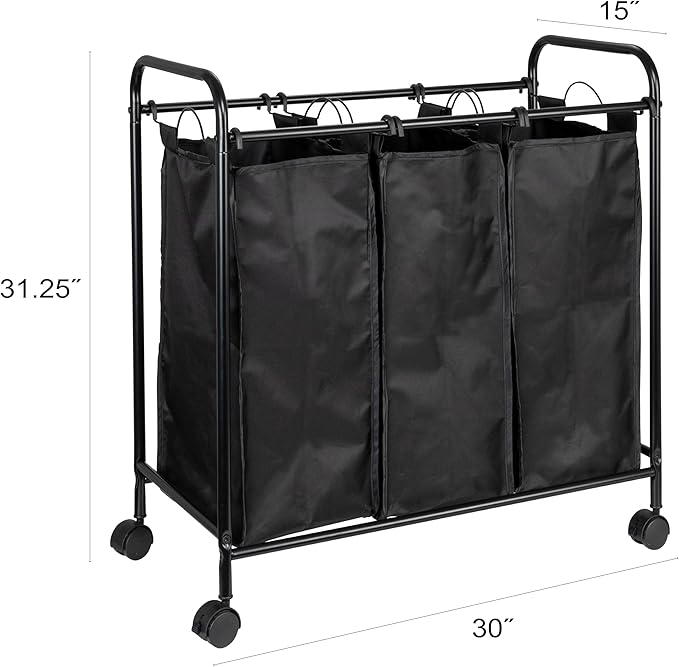 Household Essentials Rolling Triple Laundry Sorter, Black
