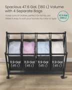 SONGMICS Rolling Laundry Sorter Basket with 4 Removable Bags, Laundry Hamper Cart, for Bedroom, Bathroom, 4 x 11.9 Gallons, Ink Black URLS103B01
