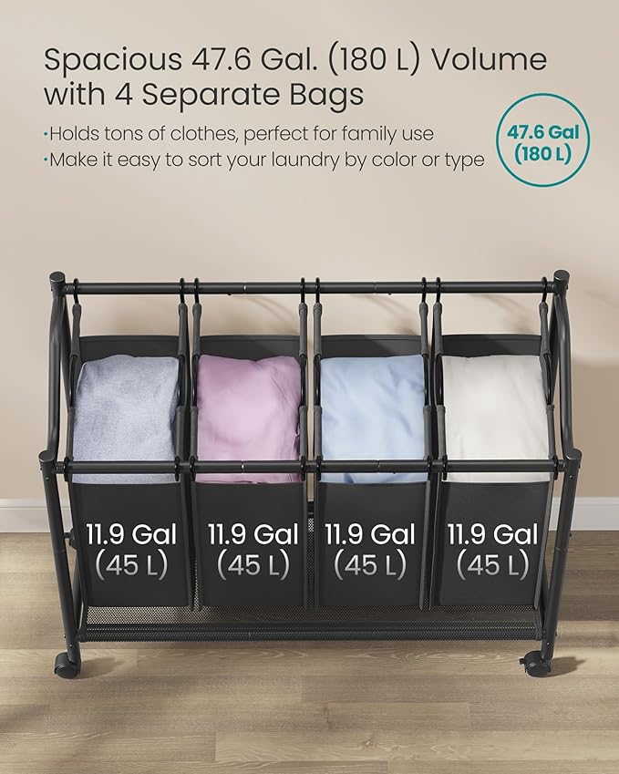 SONGMICS Rolling Laundry Sorter Basket with 4 Removable Bags, Laundry Hamper Cart, for Bedroom, Bathroom, 4 x 11.9 Gallons, Ink Black URLS103B01