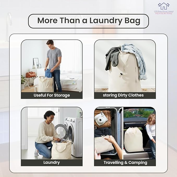 LFH Home Cotton Canvas Extra Large Laundry Bag with Handle, Stylish Drawstring Heavy Duty Laundry Bags For Travel, Home, Hotel, College Dorm and Camp Storage Bag 24x36 Inch, White