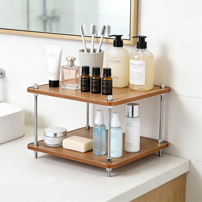 2-Tier Bathroom Counter Organizer Wooden Bathroom Shelf for Makeup Skincare Perfume and Spices Countertop Organizer Shelf for Corner Vanity Coffee Station Kitchen Office and Home Decor