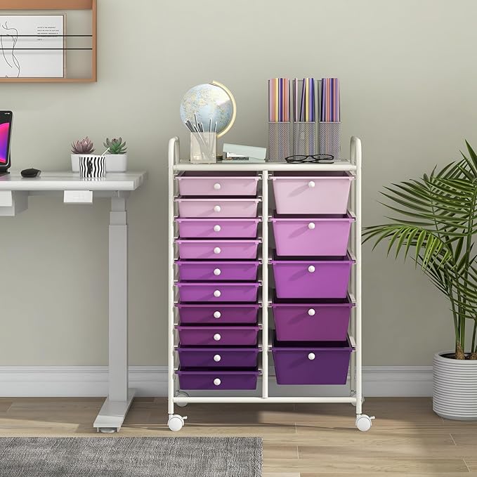 Giantex 15 Drawers Rolling Cart, Classroom Organizers, Storage Cart with Wheels, for Teacher Office Home School Supplies Tool Craft Art Paper, Purple Gradient