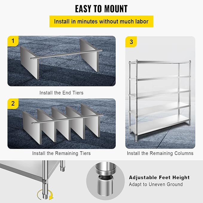 VEVOR Storage Shelf, 5-Tier Storage Shelving Unit, Stainless Steel Garage Shelf, Heavy Duty Storage Shelving, 1650 Lbs Total Capacity with Adjustable Height