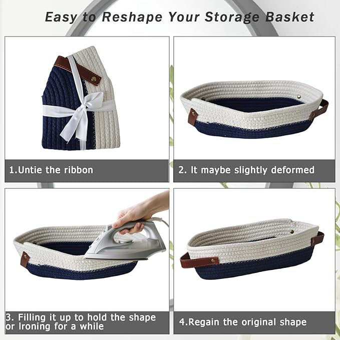1 Pack Small Woven Storage Basket for Toilet Tank Top, Bathroom Countertop Organizer Cotton Rope Toilet Paper Storage Decorative Basket 13"x6"x4"(Navy/White)