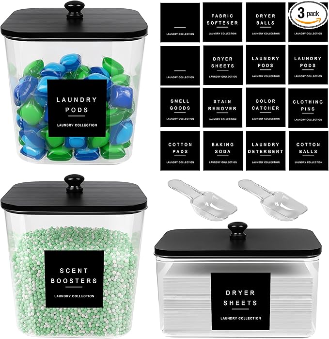 3 Pack Laundry Pod Containers and Dryer Sheet Holder Acrylic Jars with Bamboo Lids and Labels Laundry Room Organization Containers for Scent Booster Powder Detergent Pods Storage