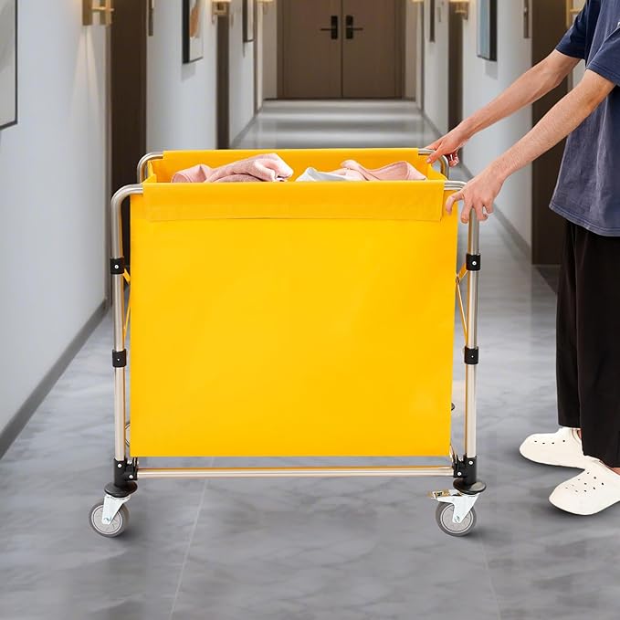 Commercial Laundry Cart with Wheels,Folding Laundry Hamper Cart,Heavy Duty Rolling Laundry Basket with Large Capacity,Laundry Sorter Trolley for Home Hotel Apartment (Yellow, 34.25 * 19.7 * 36.22in)