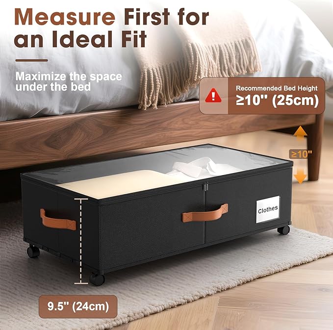 Under Bed Storage Containers with Wheels, 9.5 inches Higher Underbed Shoes Blankets Clothes Toy Storage Drawers for College Dorms Bedrooms Nursery Rooms Organization, 2 Pack to be Assembled