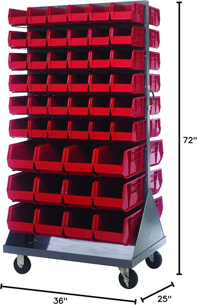 Quantum Storage Systems QMD-36H-230240RD Mobile Double Sided Gray Louvered Rack System with Bins, 36” L x 25” W 72” H, Red