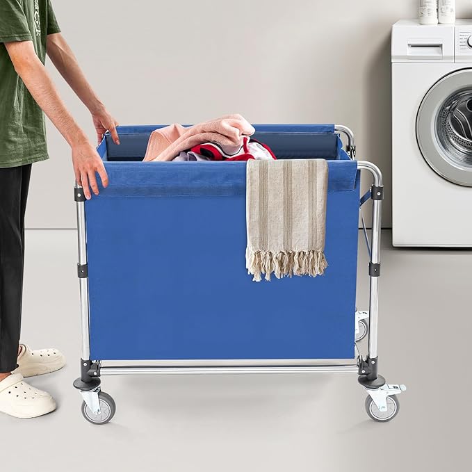 Commercial Laundry Cart with Wheels | Large Laundry Basket with Wheels | Foldable Laundry Hamper | Laundry Sorter for Clothes Storage | Ox Cloth | 440 lbs Load | 34.25x20.47x30.7in (Blue)