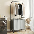 ROMOON Laundry Sorter Hamper with Hanging Bar, 3 Section Rolling Laundry Cart with Clothes Rack & Heavy-Duty Lockable Wheels, Divided Laundry Basket Organizer for Apartment & Small Spaces ((130L Grey)
