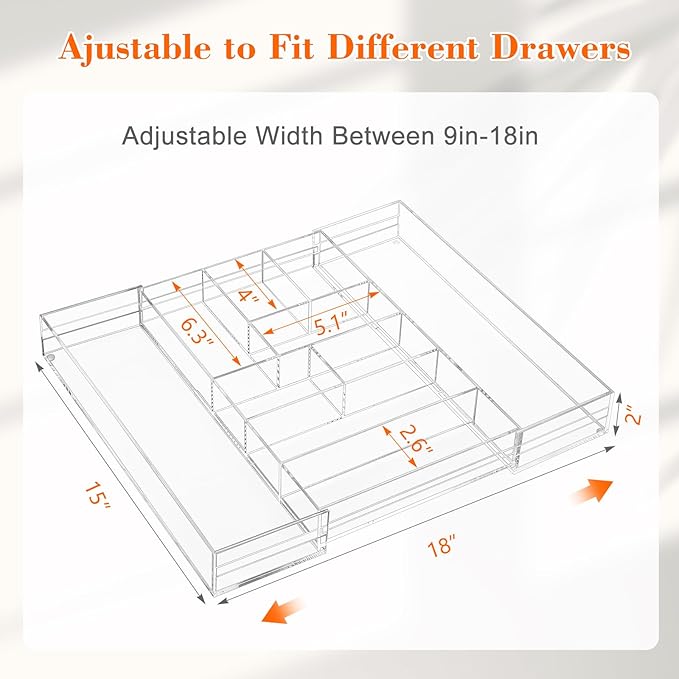 1 Pcs Acrylic Desk Drawer Organizer 9'' up to 17'' x 15'' x 2.1'' Expandable Drawer Organizer Trays with 9 Adjustable Compartments Clear Desk Accessories for Makeup Office Bathroom